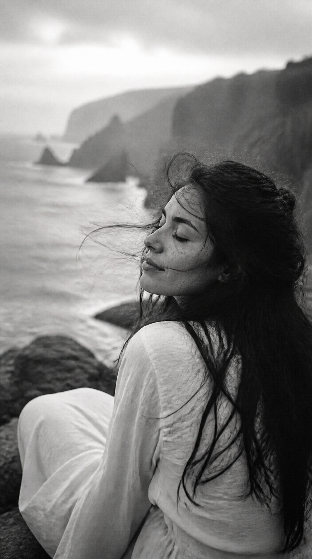 Windswept Monochrome Coastal Portrait